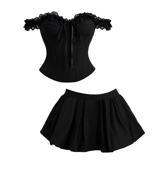 Luxury Lace Trim Corset Top & Pleated A-Line Mini Skirt Gothic Black Off-Shoulder Two-Piece Set Short Dress AP5924