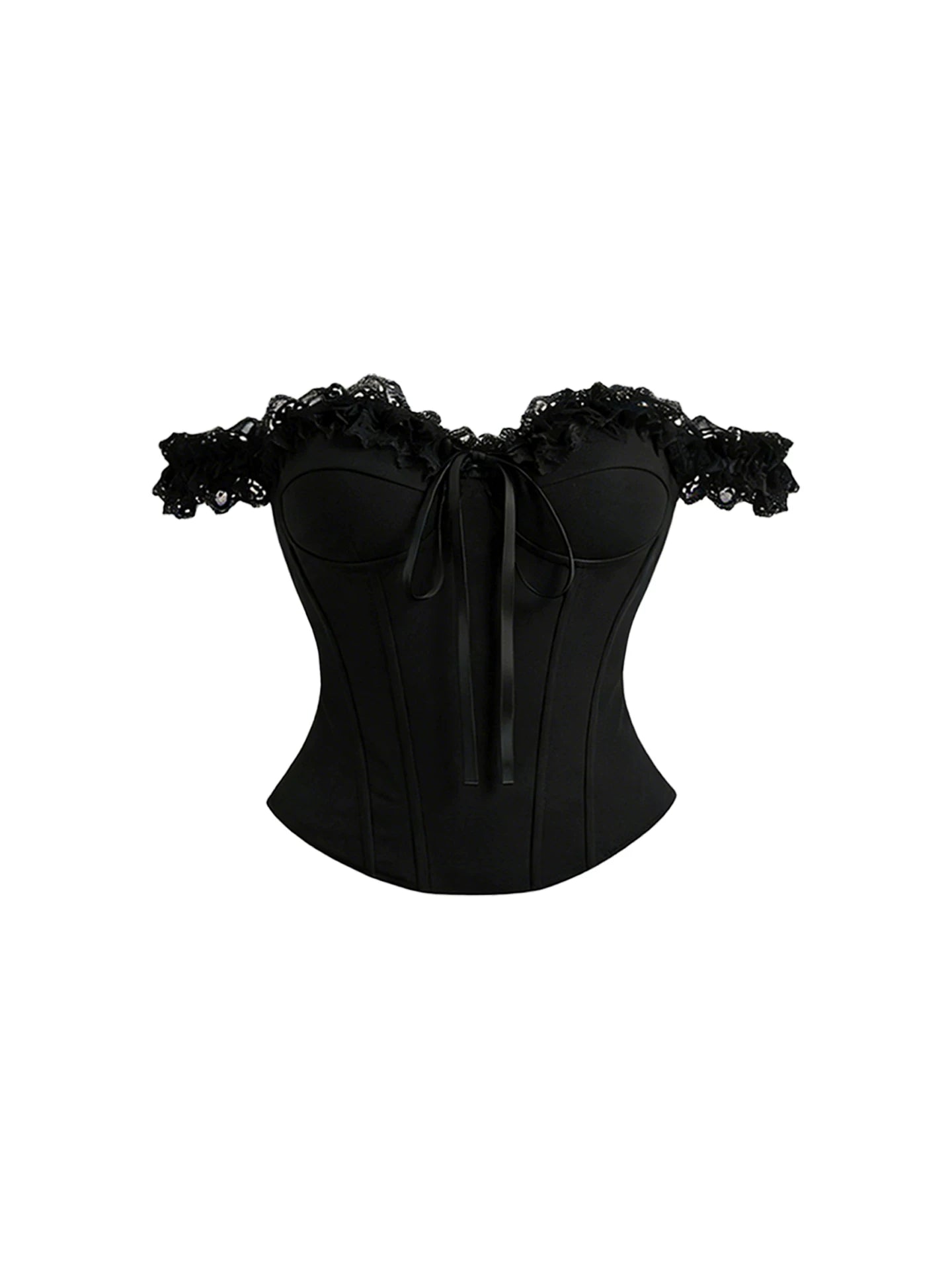 Luxury Lace Trim Corset Top & Pleated A-Line Mini Skirt Gothic Black Off-Shoulder Two-Piece Set Short Dress AP5924