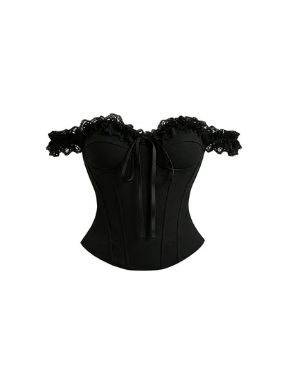 Luxury Lace Trim Corset Top & Pleated A-Line Mini Skirt Gothic Black Off-Shoulder Two-Piece Set Short Dress AP5924