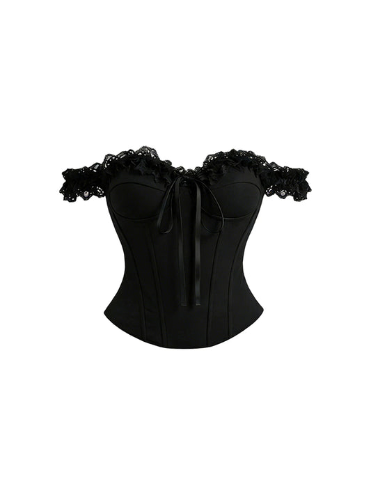 Luxury Lace Trim Corset Top & Pleated A-Line Mini Skirt Gothic Black Off-Shoulder Two-Piece Set Short Dress AP5924