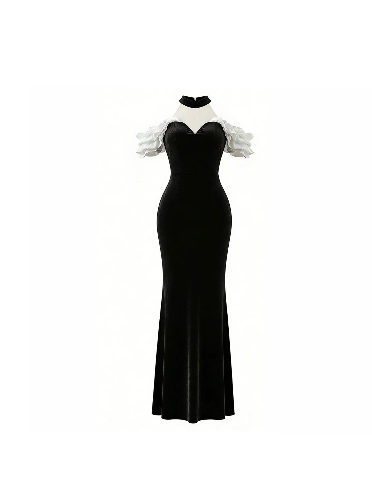 Graceful Sweetheart Neckline White Ruffles Maxi Dress Elegant Black Velvet Mermaid Long Dress AP5925