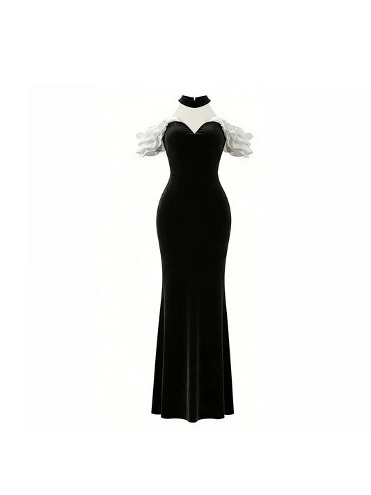Graceful Sweetheart Neckline White Ruffles Maxi Dress Elegant Black Velvet Mermaid Long Dress AP5925