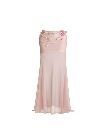 Classical Lace Ruffle Top & Pearl Trim Maxi Skirt Romantic Pink Floral Off-Shoulder 2-Piece Tulle Mermaid Long Dress AP5927