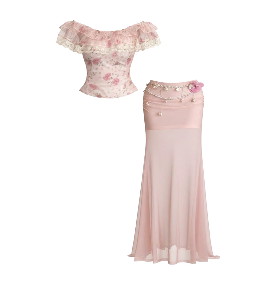 Classical Lace Ruffle Top & Pearl Trim Maxi Skirt Romantic Pink Floral Off-Shoulder 2-Piece Tulle Mermaid Long Dress AP5927