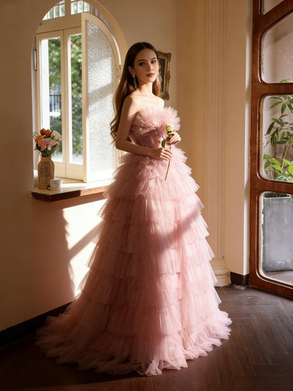 Sweet Strapless A-Line Pink Tulle Sweet 16th Gowns Beads Appliques Prom Dress AP5929