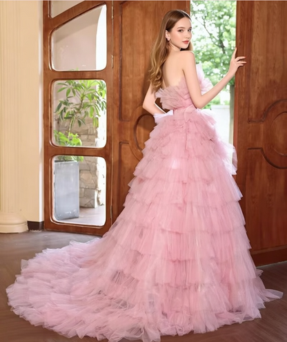 Sweet Strapless A-Line Pink Tulle Sweet 16th Gowns Beads Appliques Prom Dress AP5929