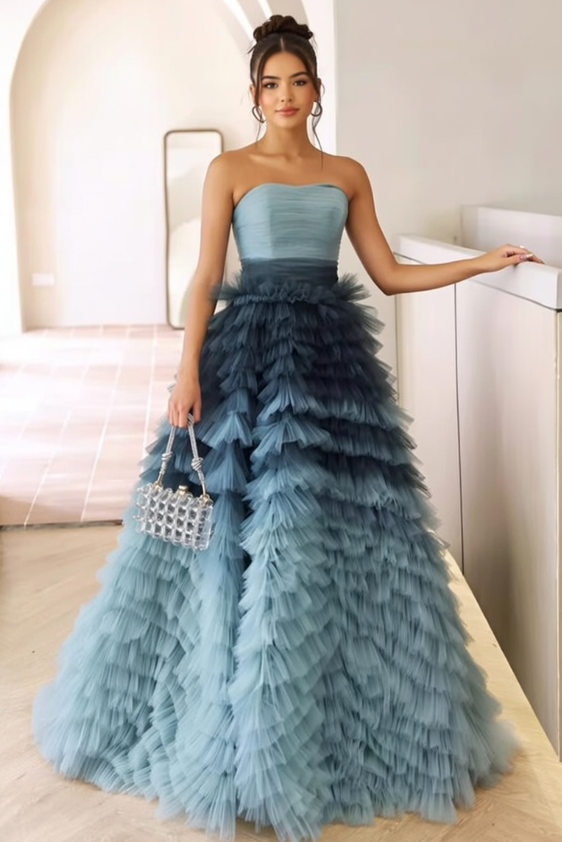 Cute Strapless A-Line Sweet 16th Gowns Pleated Tulle Prom Dress AP5930