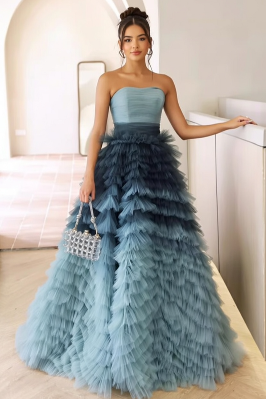 Cute Strapless A-Line Sweet 16th Gowns Pleated Tulle Prom Dress AP5930