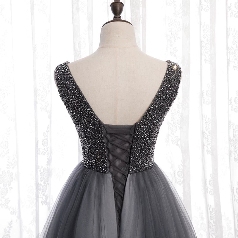 Vintage V Neck A-Line Sweet 16th Gowns Sequins Layered Tulle Prom Dress AP5931