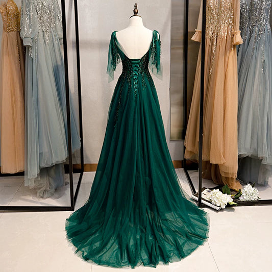 Artistic A-Line Spaghetti Strap Evening Gowns Beading Layered Tulle Prom Dress AP5932