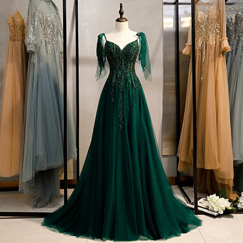 Artistic A-Line Spaghetti Strap Evening Gowns Beading Layered Tulle Prom Dress AP5932