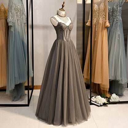 Dreamy Spaghetti Strap A-Line Evening Gowns Beads Layered Tulle Prom Dress AP5933