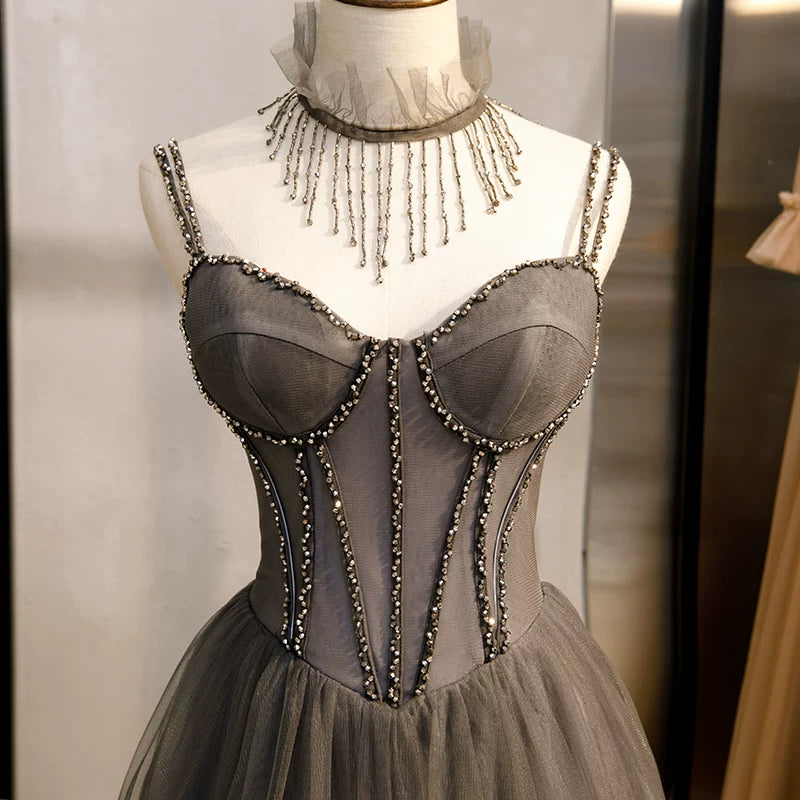 Dreamy Spaghetti Strap A-Line Evening Gowns Beads Layered Tulle Prom Dress AP5933