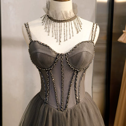 Dreamy Spaghetti Strap A-Line Evening Gowns Beads Layered Tulle Prom Dress AP5933