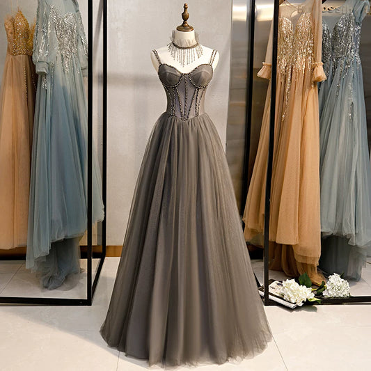 Dreamy Spaghetti Strap A-Line Evening Gowns Beads Layered Tulle Prom Dress AP5933