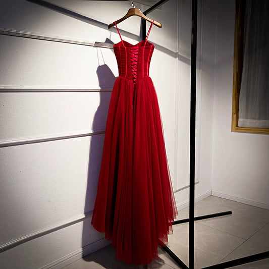 Alluring Spaghetti Strap A-Line Evening Gowns Pleated Red Tulle Prom Dress AP5934