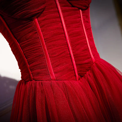 Alluring Spaghetti Strap A-Line Evening Gowns Pleated Red Tulle Prom Dress AP5934