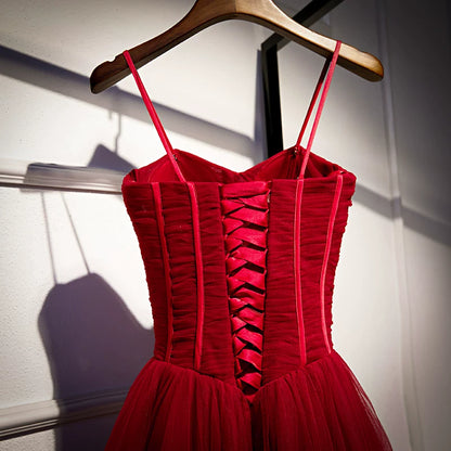 Alluring Spaghetti Strap A-Line Evening Gowns Pleated Red Tulle Prom Dress AP5934
