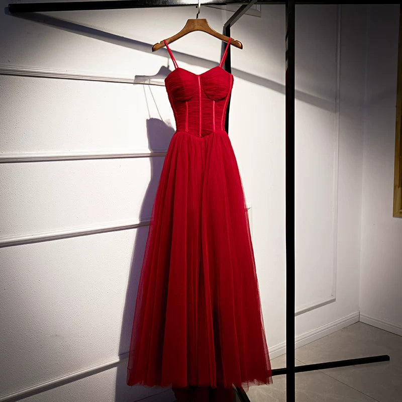 Alluring Spaghetti Strap A-Line Evening Gowns Pleated Red Tulle Prom Dress AP5934