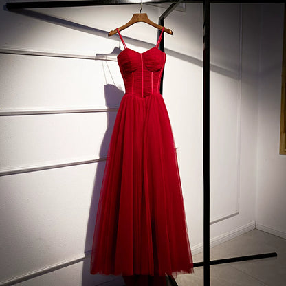 Alluring Spaghetti Strap A-Line Evening Gowns Pleated Red Tulle Prom Dress AP5934