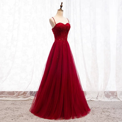 Sheen Spaghetti Strap A-Line Evening Gowns Sequins Layered Red Tulle Prom Dress AP5935