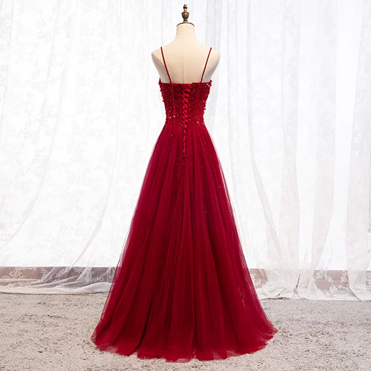 Sheen Spaghetti Strap A-Line Evening Gowns Sequins Layered Red Tulle Prom Dress AP5935