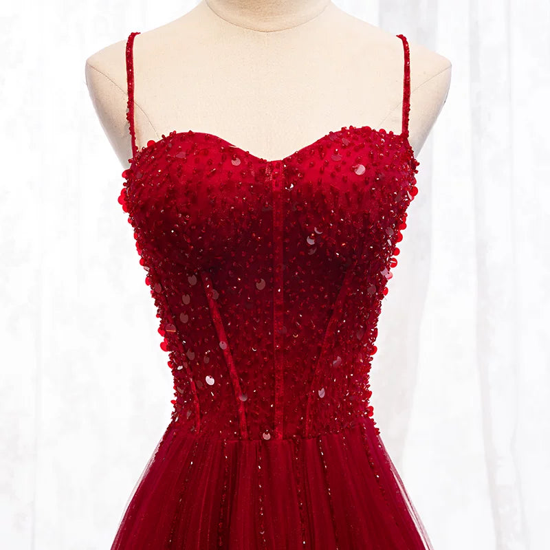 Sheen Spaghetti Strap A-Line Evening Gowns Sequins Layered Red Tulle Prom Dress AP5935