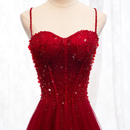 Sheen Spaghetti Strap A-Line Evening Gowns Sequins Layered Red Tulle Prom Dress AP5935