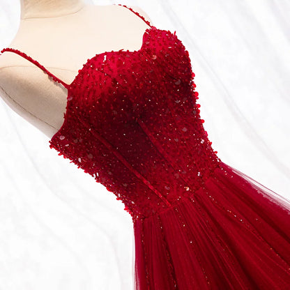 Sheen Spaghetti Strap A-Line Evening Gowns Sequins Layered Red Tulle Prom Dress AP5935