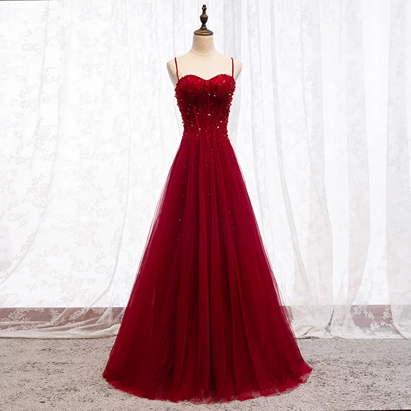Sheen Spaghetti Strap A-Line Evening Gowns Sequins Layered Red Tulle Prom Dress AP5935
