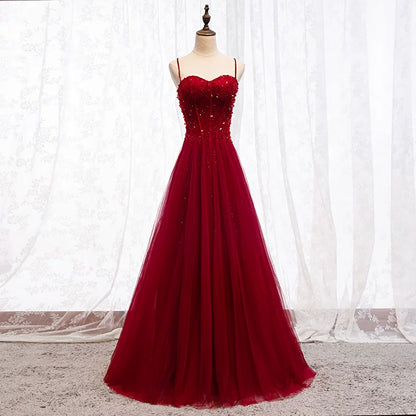 Sheen Spaghetti Strap A-Line Evening Gowns Sequins Layered Red Tulle Prom Dress AP5935