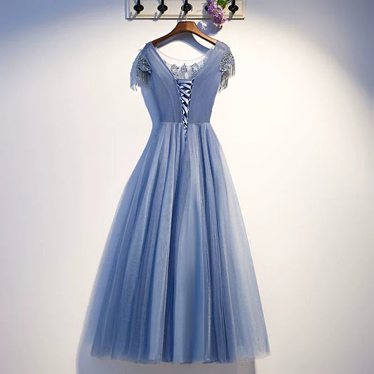 Ethereal Jewel Neck A-Line Layered Tulle Sweet 16th Gowns Short Sleeve Tassel Appliques Beaded Prom Dress AP5936