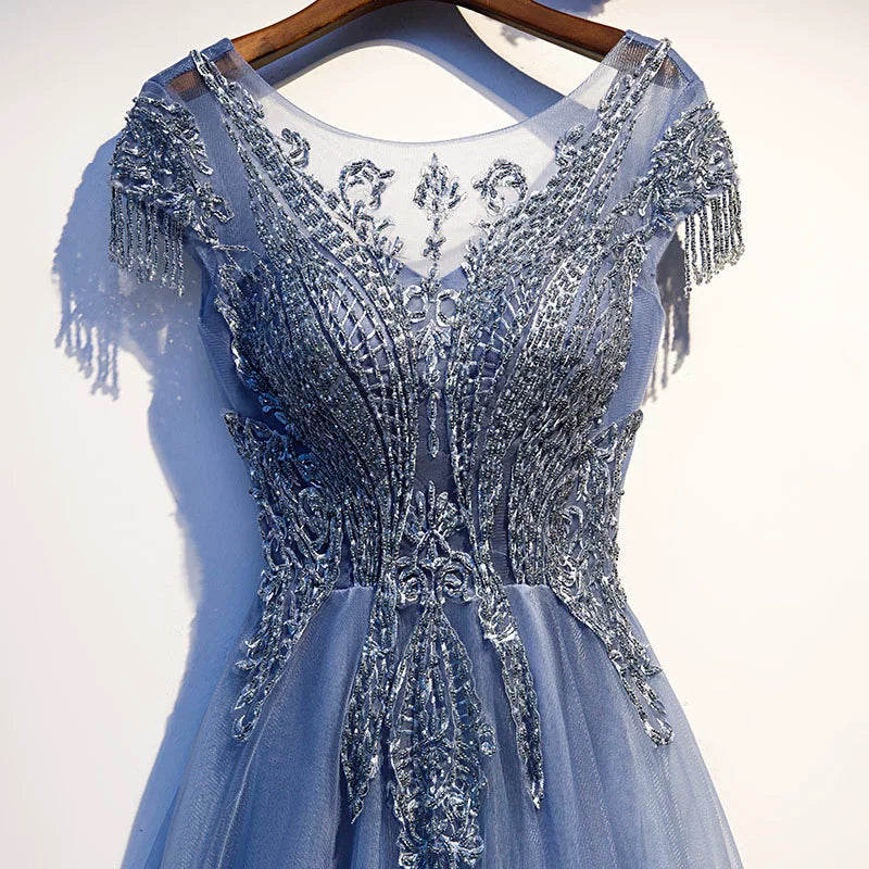 Ethereal Jewel Neck A-Line Layered Tulle Sweet 16th Gowns Short Sleeve Tassel Appliques Beaded Prom Dress AP5936