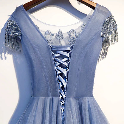 Ethereal Jewel Neck A-Line Layered Tulle Sweet 16th Gowns Short Sleeve Tassel Appliques Beaded Prom Dress AP5936