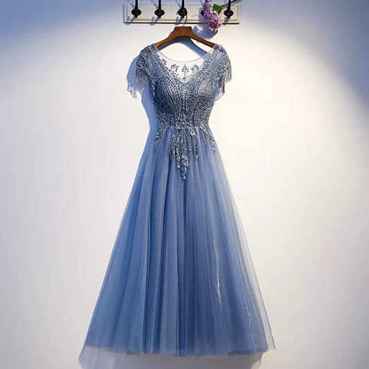 Ethereal Jewel Neck A-Line Layered Tulle Sweet 16th Gowns Short Sleeve Tassel Appliques Beaded Prom Dress AP5936