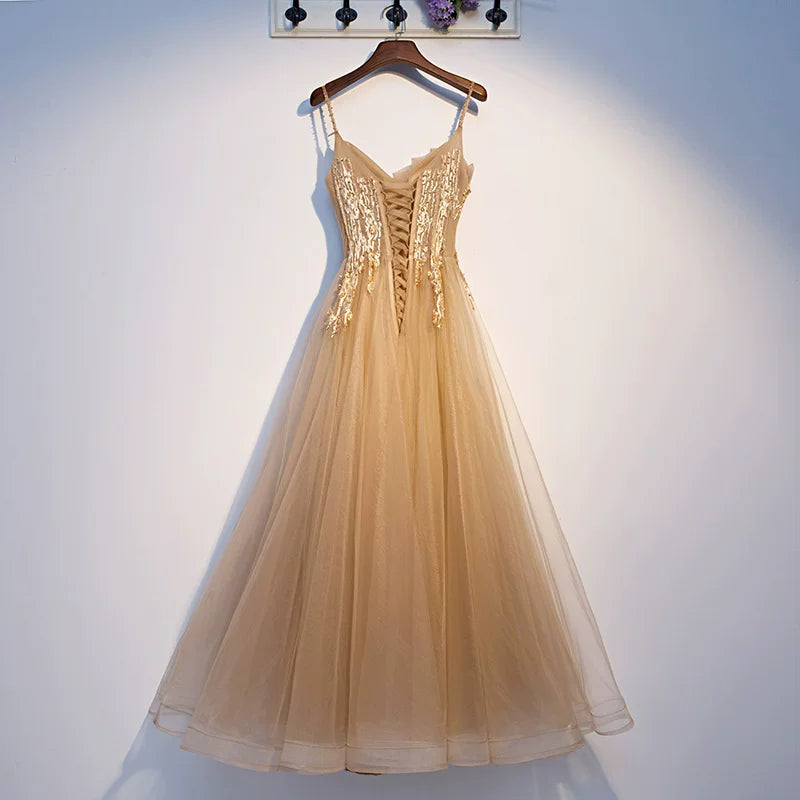 Gorgeous Spaghetti Strap Layered Tulle A-Line Evening Gowns Sequins Appliques Prom Dress AP5937