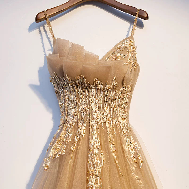 Gorgeous Spaghetti Strap Layered Tulle A-Line Evening Gowns Sequins Appliques Prom Dress AP5937