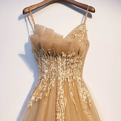 Gorgeous Spaghetti Strap Layered Tulle A-Line Evening Gowns Sequins Appliques Prom Dress AP5937