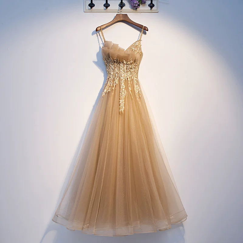 Gorgeous Spaghetti Strap Layered Tulle A-Line Evening Gowns Sequins Appliques Prom Dress AP5937