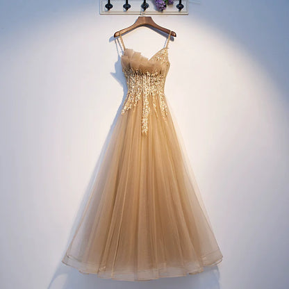 Gorgeous Spaghetti Strap Layered Tulle A-Line Evening Gowns Sequins Appliques Prom Dress AP5937