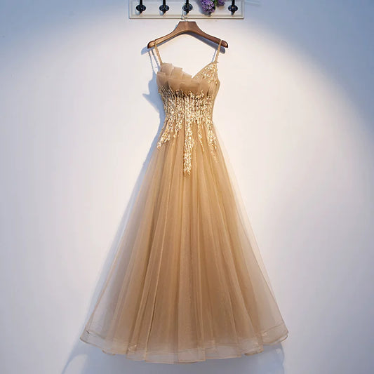 Gorgeous Spaghetti Strap Layered Tulle A-Line Evening Gowns Sequins Appliques Prom Dress AP5937