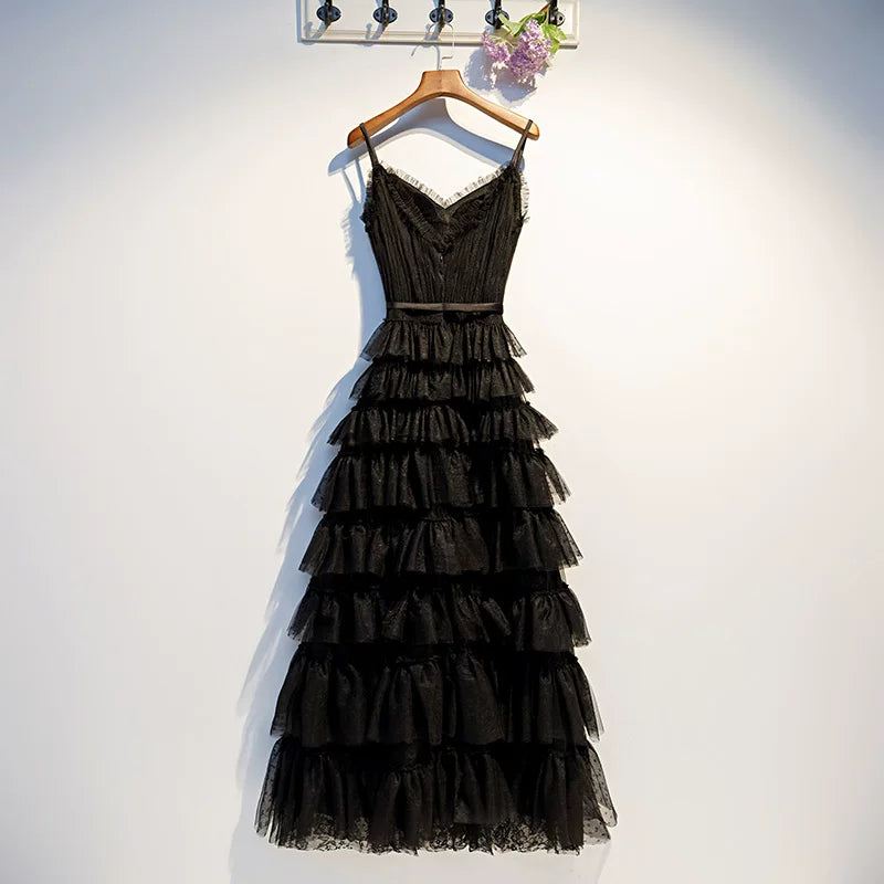 Glam Spaghetti Strap A-Line Evening Gowns Tiered Tulle Black Prom Dress AP5938