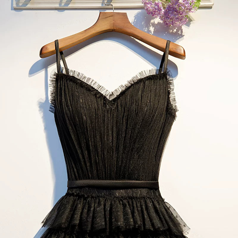 Glam Spaghetti Strap A-Line Evening Gowns Tiered Tulle Black Prom Dress AP5938