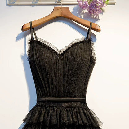 Glam Spaghetti Strap A-Line Evening Gowns Tiered Tulle Black Prom Dress AP5938