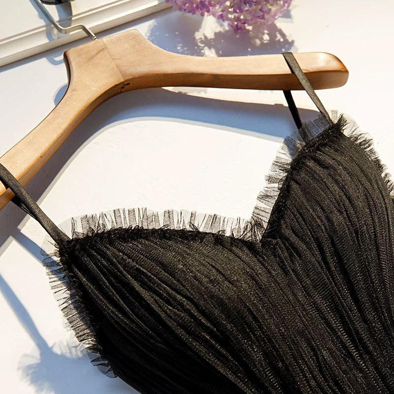 Glam Spaghetti Strap A-Line Evening Gowns Tiered Tulle Black Prom Dress AP5938