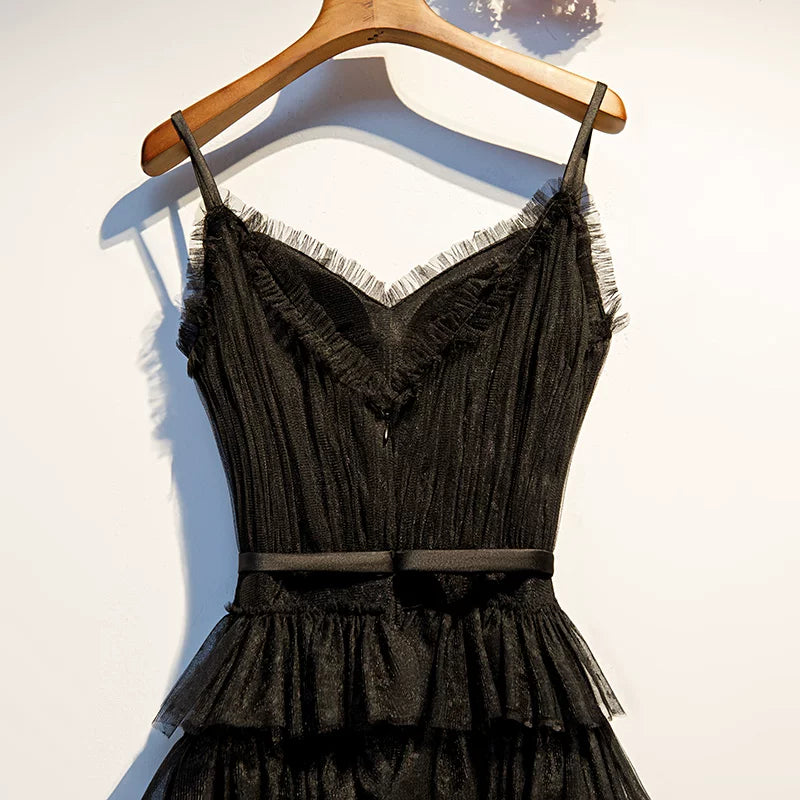 Glam Spaghetti Strap A-Line Evening Gowns Tiered Tulle Black Prom Dress AP5938