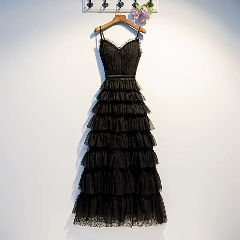 Glam Spaghetti Strap A-Line Evening Gowns Tiered Tulle Black Prom Dress AP5938