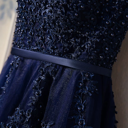 Glamorous Jewel Neck A-Line Sweet 16th Gowns Appliques Beads Tulle Prom Dress AP5939