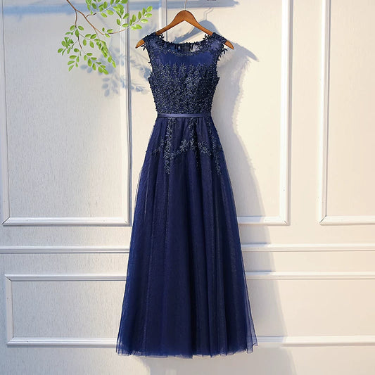 Glamorous Jewel Neck A-Line Sweet 16th Gowns Appliques Beads Tulle Prom Dress AP5939