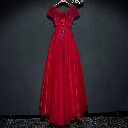 Dramatic Jewel Neck A-Line Red Sweet 16th Gowns Short Sleeve Appliques Beads Prom Dress AP5940